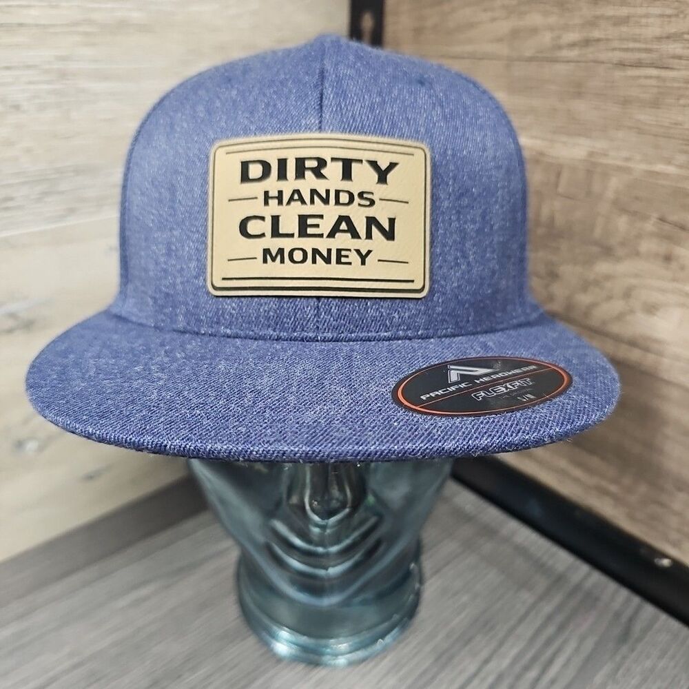 "DIRTY HANDS CLEAN MONEY" Acrylic/Wool/Spandex blend Flexfit Cap Blue S/M